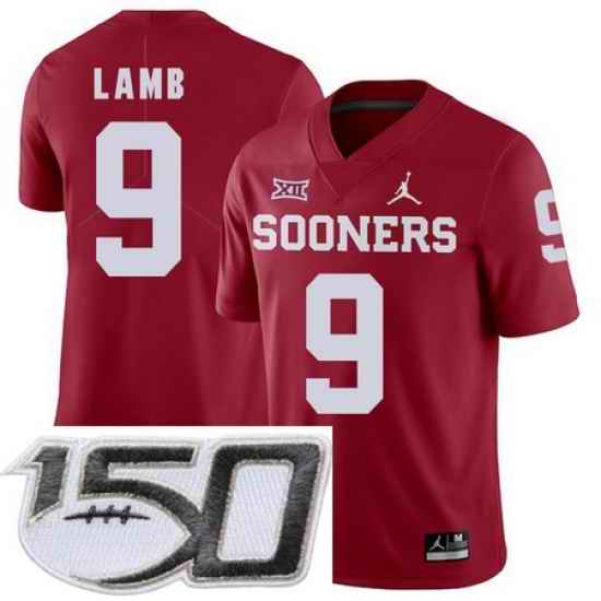 Oklahoma Sooners 9 CeeDee Lamb Red College Football Stitched 150th Anniversary Patch Jersey